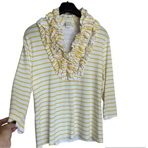 Christina Yellow Stripe Ruffle Neckline Business Casual Sweater